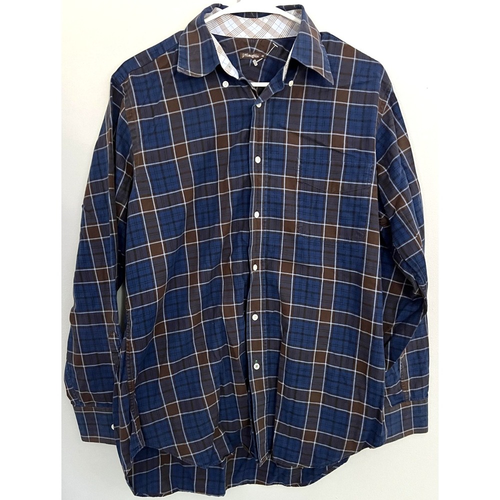 J McLaughlin Shirt Mens Medium Blue Brown Plaid Button Down 100% Cotton Flannel